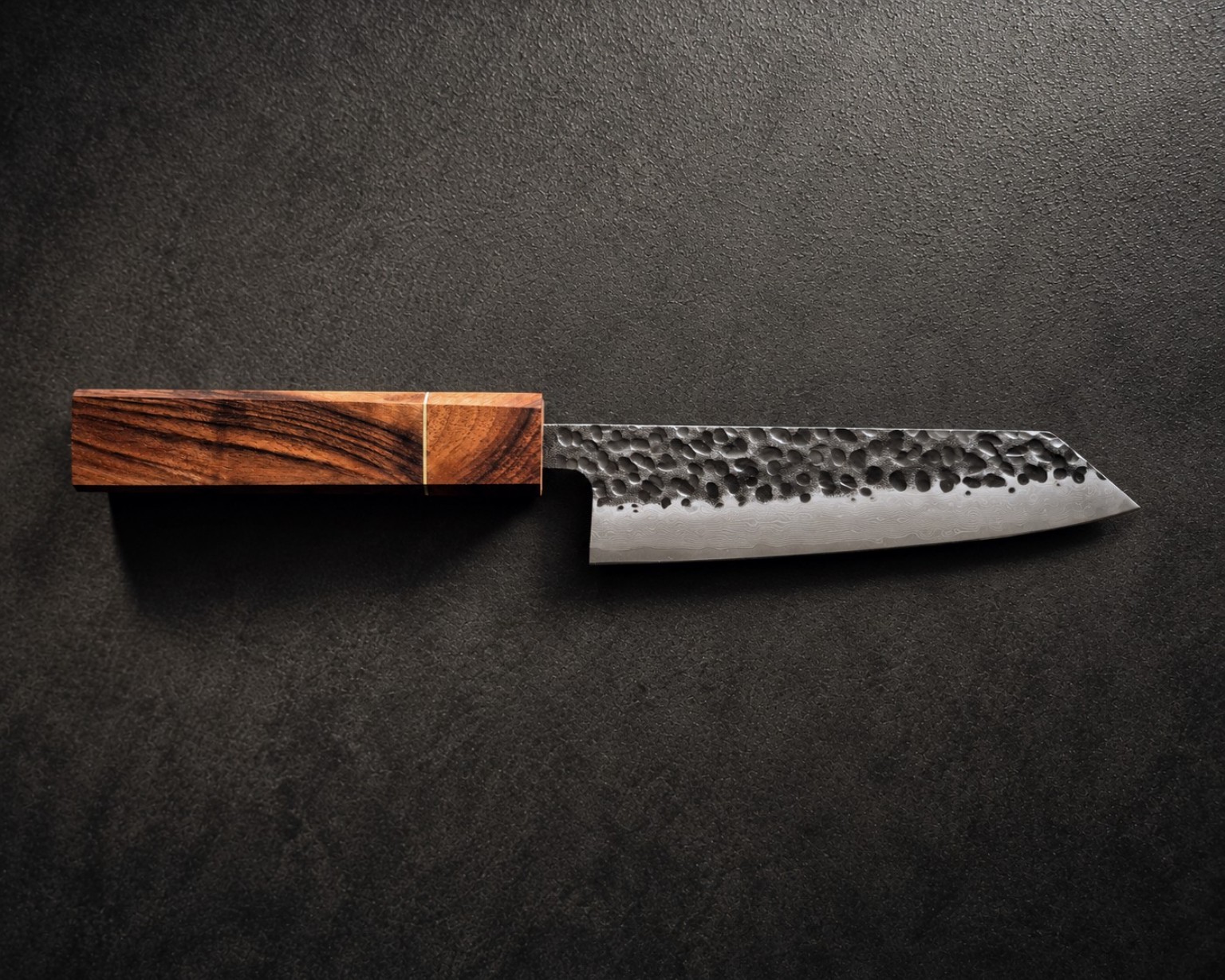 Figured European Walnut & Brass Kiritsuke Bunka 150 mm: blade and composed wooden handle, Mokurei original photograph