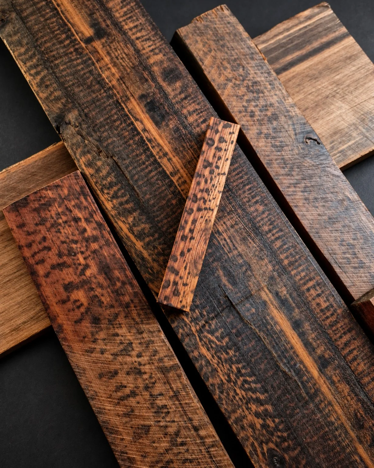 Exceptionally figured dark and amber timber, including snake-like spotted grain