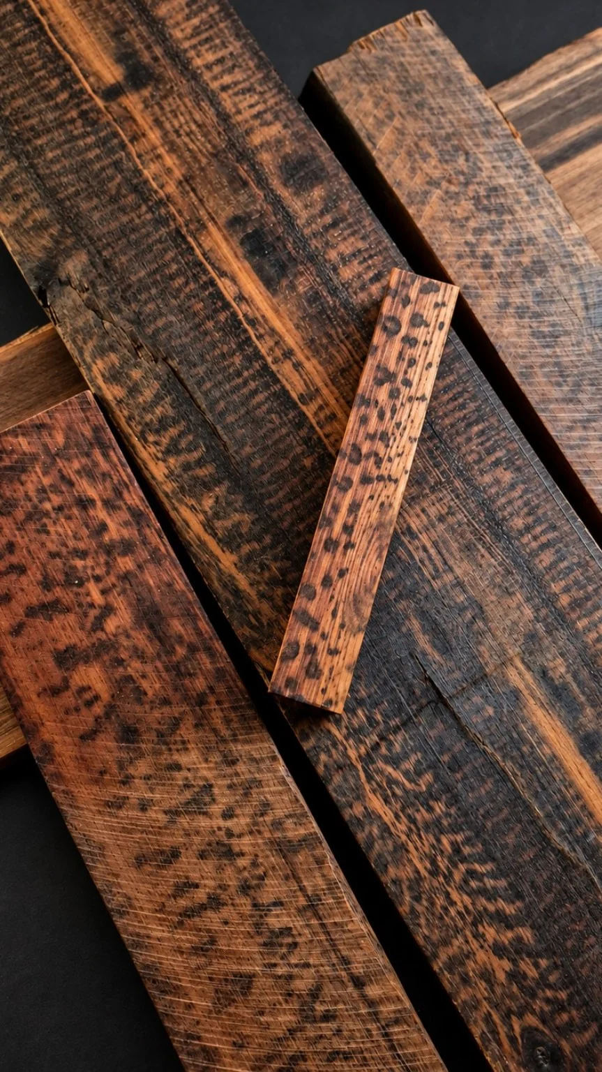 Mixed group of strongly figured dark and amber hardwood boards with irregular natural markings; no individual botanical identification asserted.