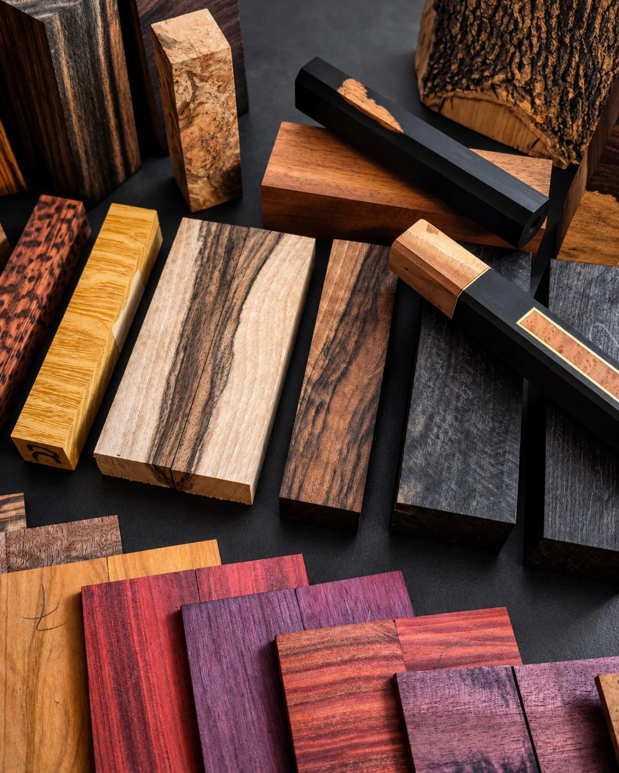 Curated rich spectrum of dark, cream, orange and crimson hardwood blanks arranged on a charcoal surface